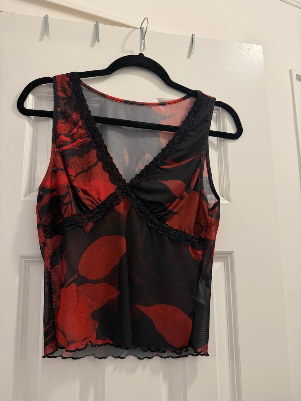 Sheer Black Tank Top with Red Floral Print